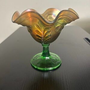 Vintage Northwood Green Carnival Glass Compote Daisy & Plume Pattern Mixed Color